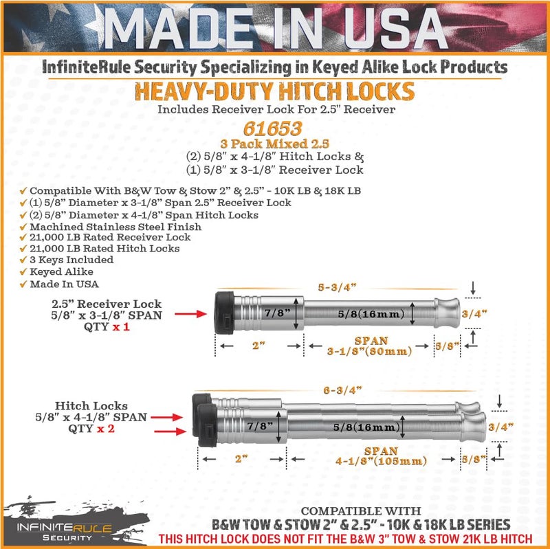 InfiniteRule Security 61653 | 3 Pack Mixed 2.5, Keyed Alike, Hitch Locks for B&W 2" & 2.5" Tow and Stow 10K LB & 18K LB - Includes Lock for 2.5" Receiver - Image 3